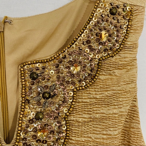 Gold Ruched Elegant Dress Embellished Neckline 10 - Picture 4 of 8